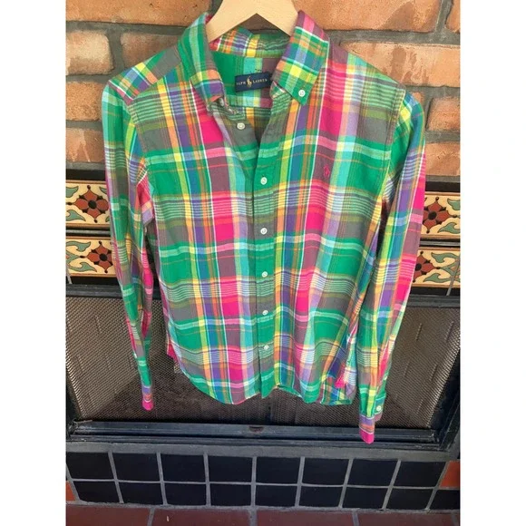Ralph Lauren Tomboy Preppy Plaid Button Up Lite Flannel 10 Pink Green - Picture 6 of 7
